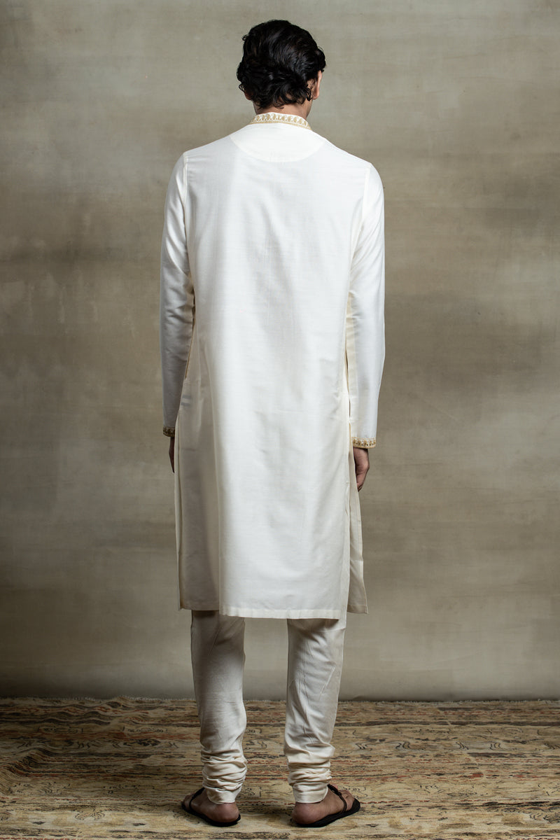 Ivory Cotton Kurta Set With Embroidered Collar and Placket