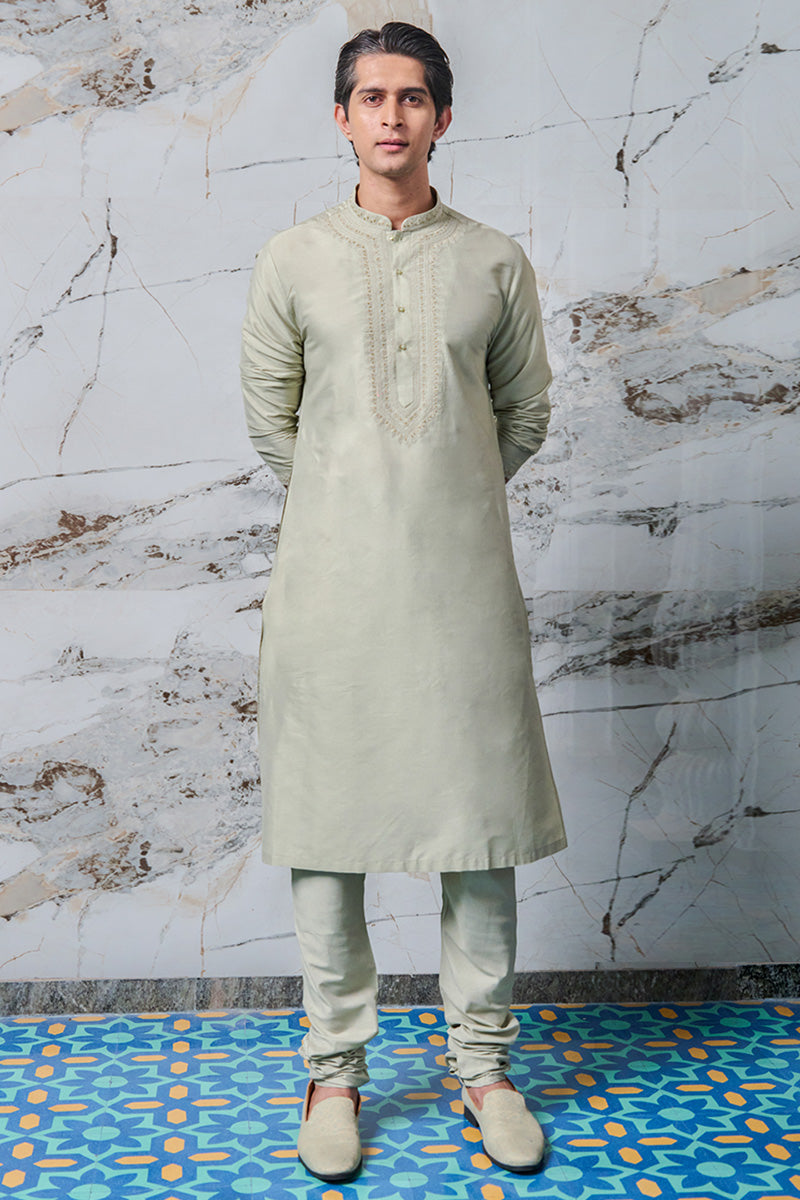 Light Green Cotton Kurta Set With Embroidered Collar and Placket