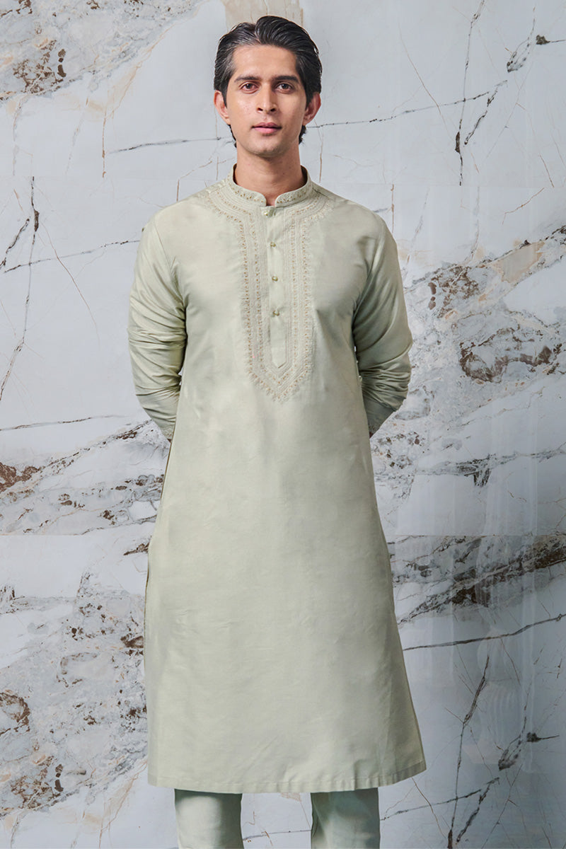 Light Green Cotton Kurta Set With Embroidered Collar and Placket