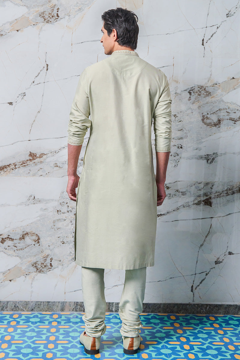 Light Green Cotton Kurta Set With Embroidered Collar and Placket