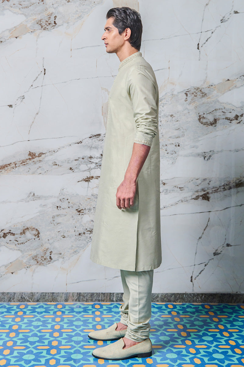 Light Green Cotton Kurta Set With Embroidered Collar and Placket