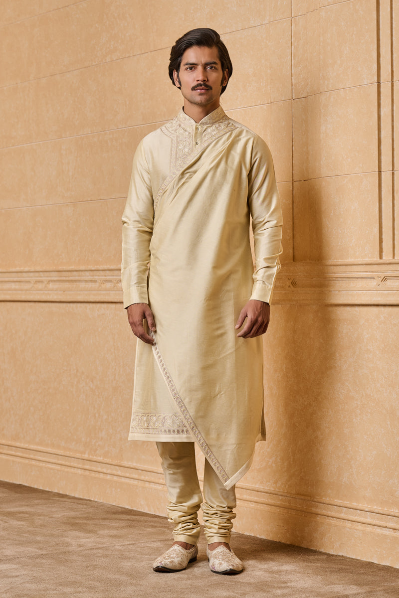 Beige Drape Pattern Kurta Set With Resham And Badla Embroidery