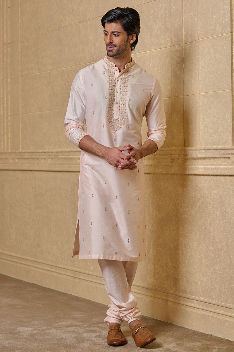 Peach All Over Embroidered Cotton Kurta Set