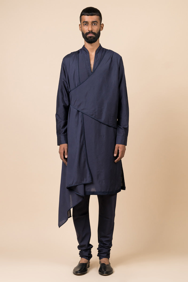 Navy Kurta Set With Asymmetrical Drape