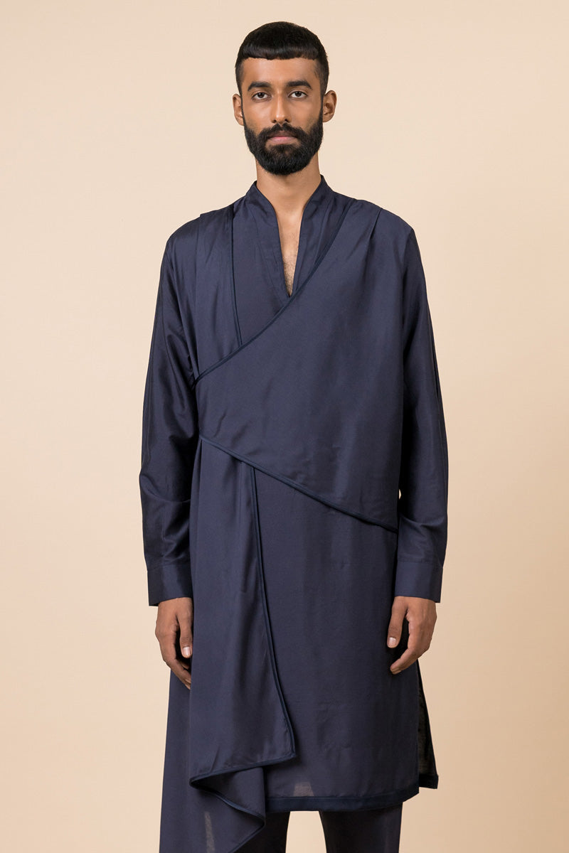 Navy Kurta Set With Asymmetrical Drape