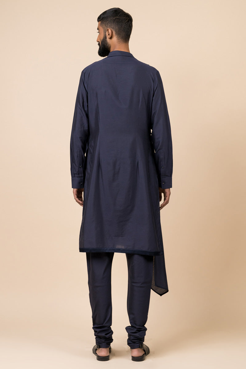 Navy Kurta Set With Asymmetrical Drape