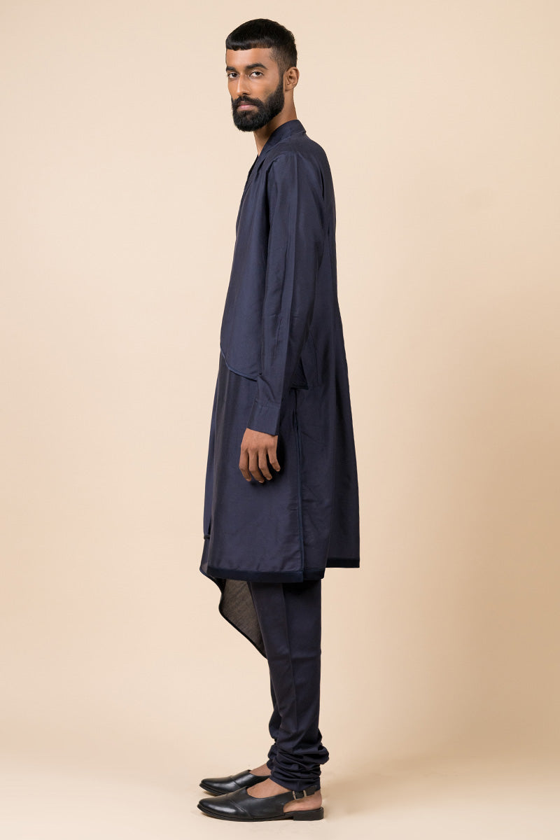 Navy Kurta Set With Asymmetrical Drape