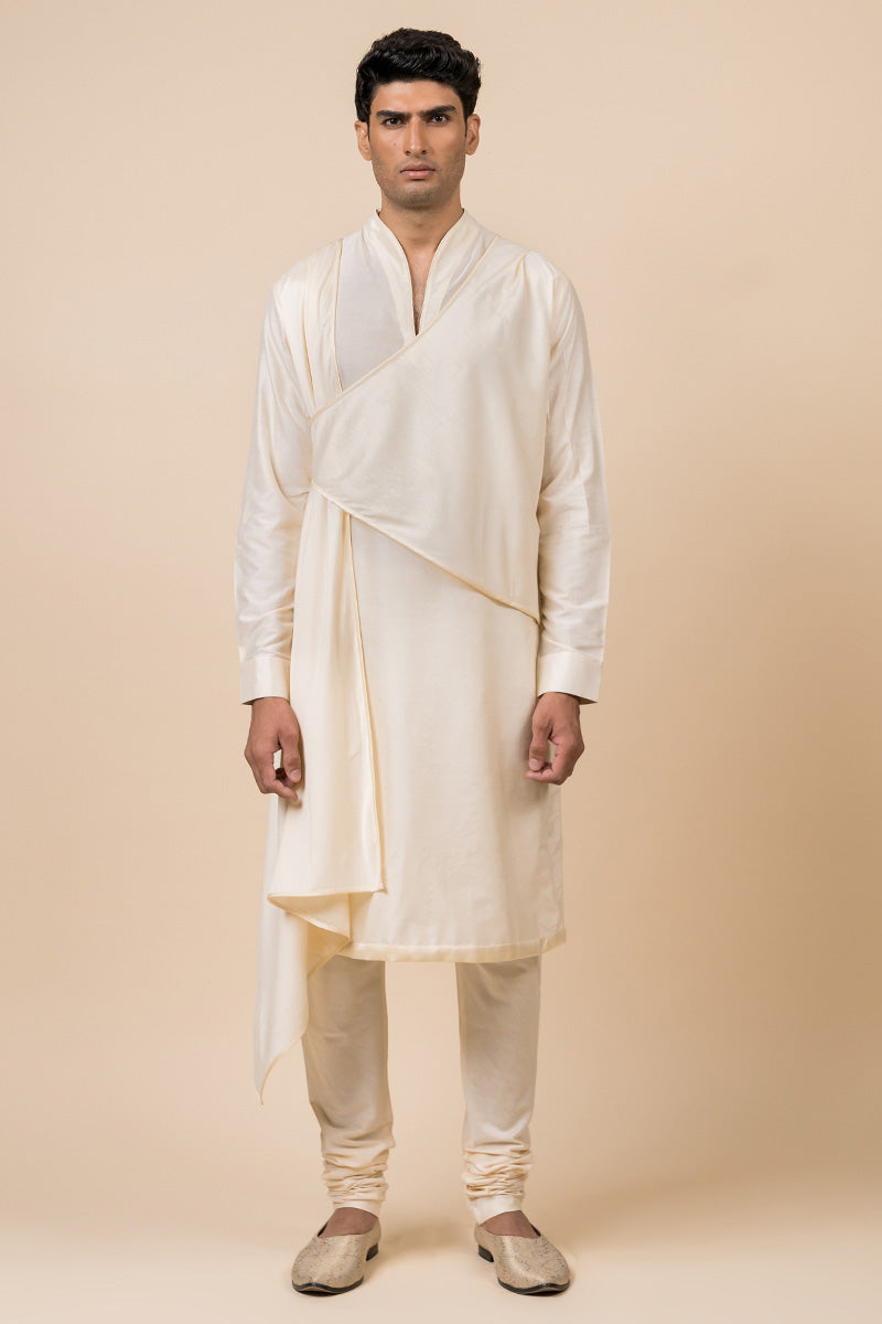 Ivory Kurta Set With Asymmetrical Drape