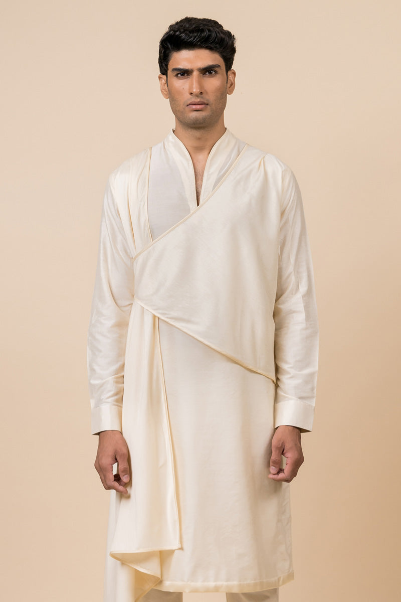 Ivory Kurta Set With Asymmetrical Drape