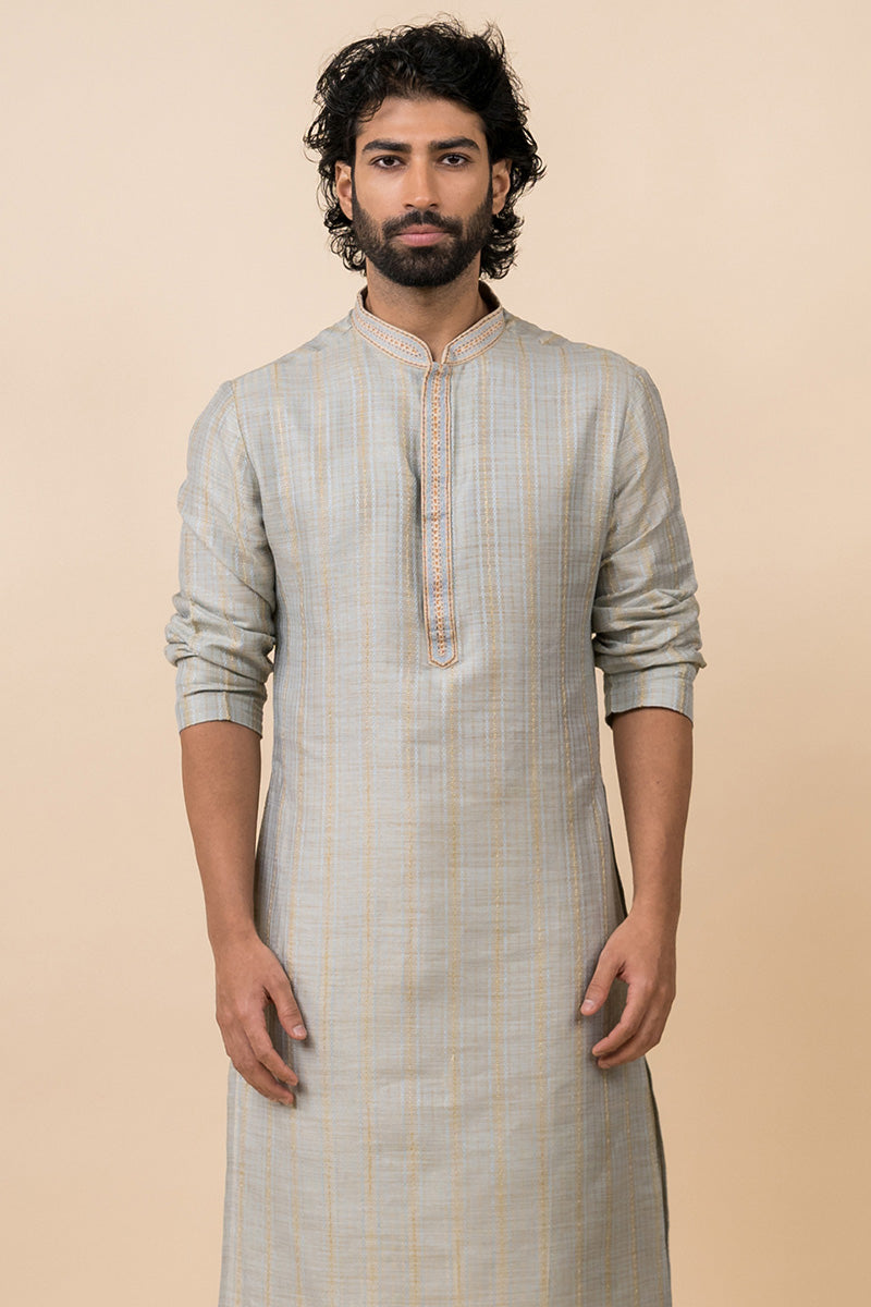 Light Blue Kurta Set With Tonal Collar and Placket