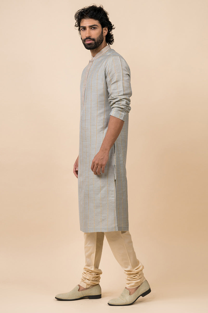 Light Blue Kurta Set With Tonal Collar and Placket