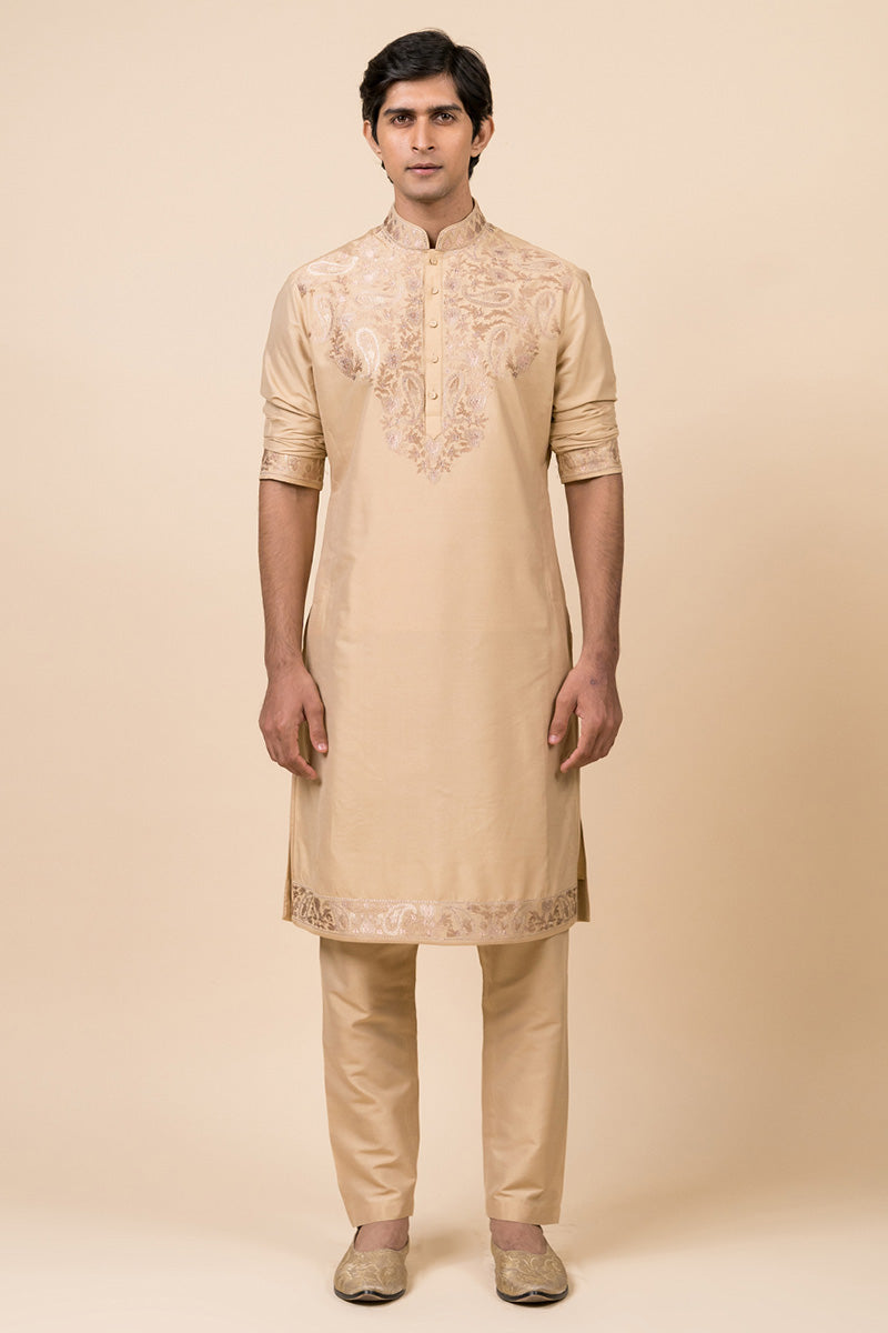 Beige Kurta Set With Embroidered Applique Yoke