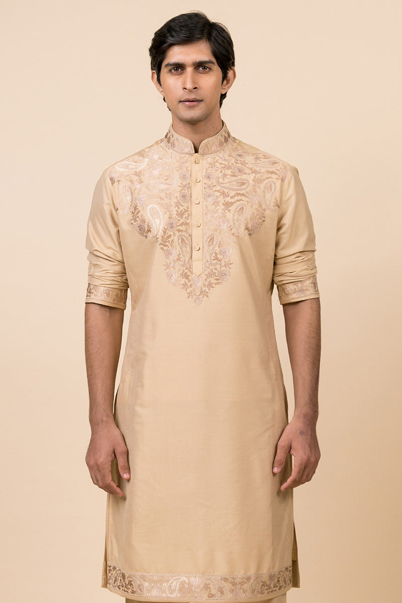 Beige Kurta Set With Embroidered Applique Yoke