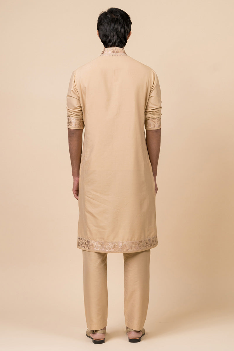 Beige Kurta Set With Embroidered Applique Yoke