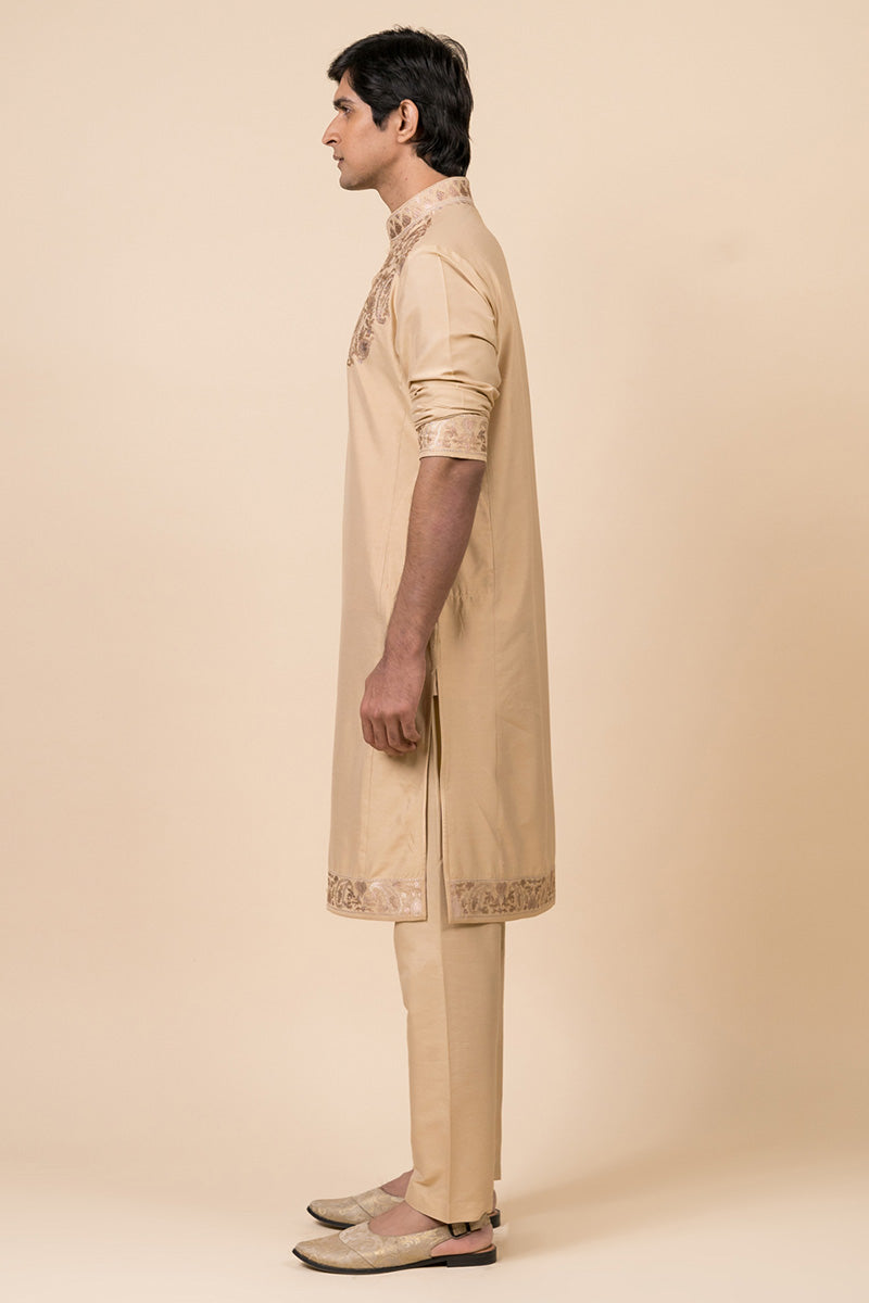 Beige Kurta Set With Embroidered Applique Yoke