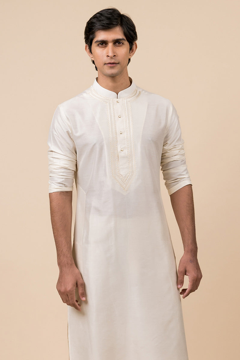 Ivory Kurta Set With Embroidered Placket