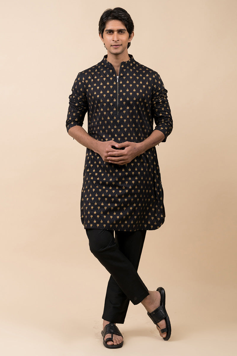 Black Printed Kurta Set With Zipper Placket