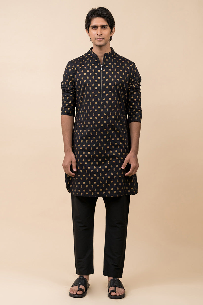 Black Printed Kurta Set With Zipper Placket