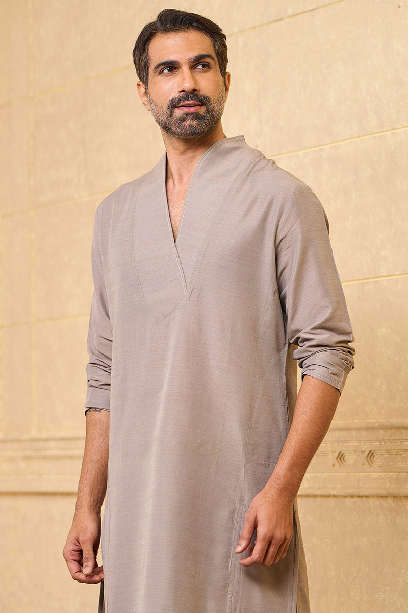 Light Grey Kurta Set With Asymmetrical Neck