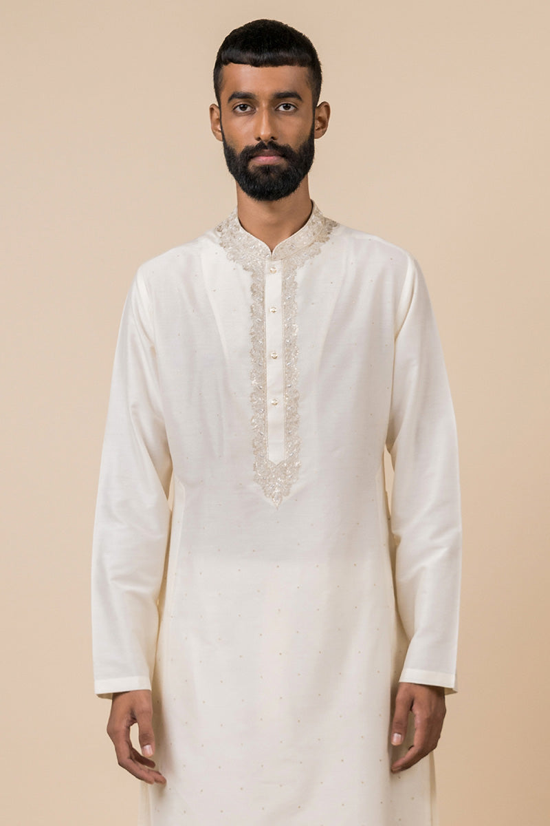 Ivory Kurta Set With Embroidery Around Placket