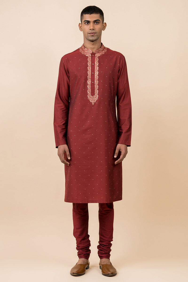 Maroon Kurta Set With Embroidery Around Placket