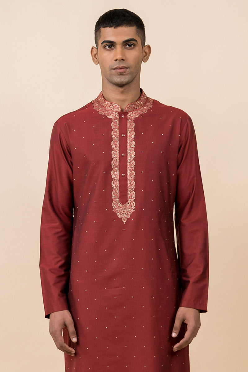 Maroon Kurta Set With Embroidery Around Placket