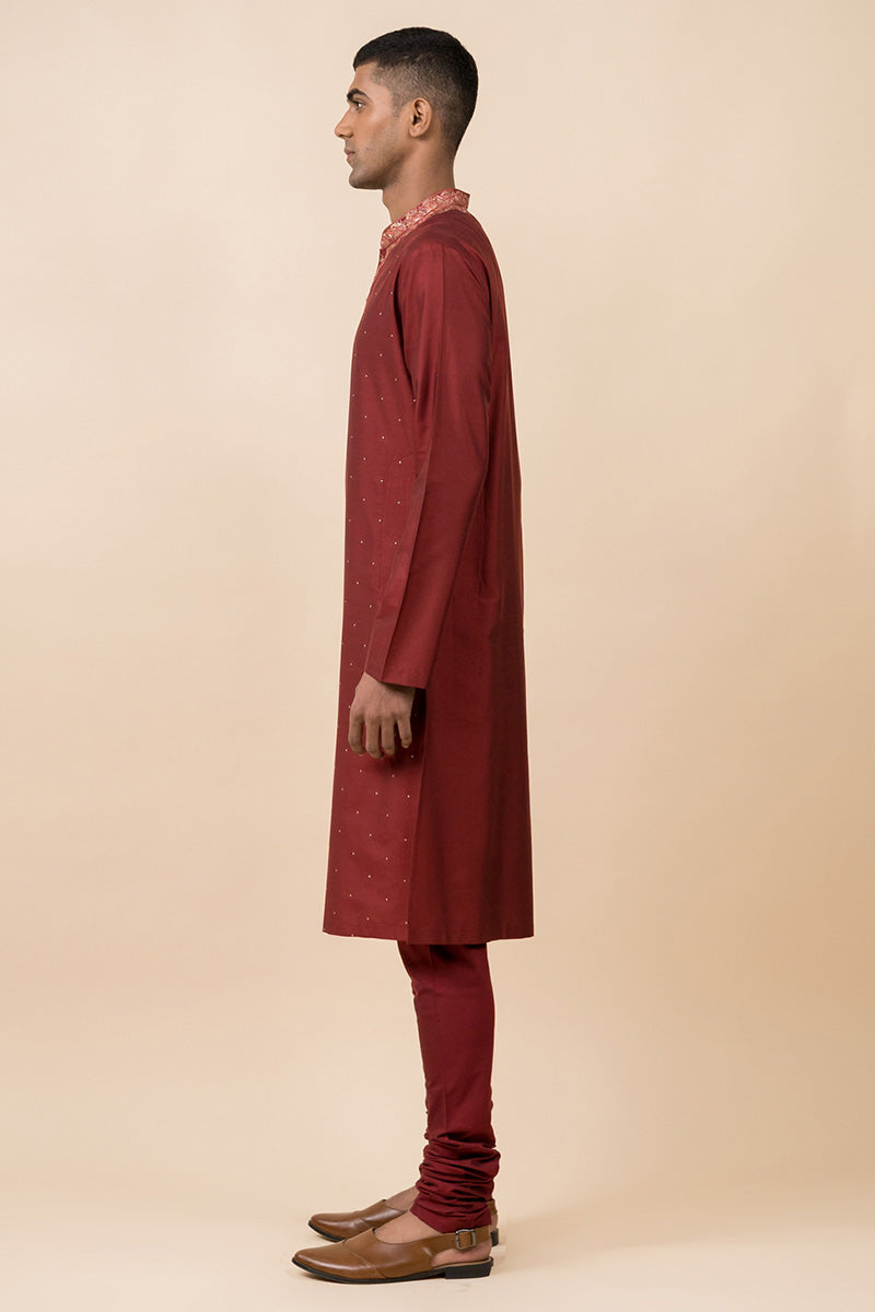 Maroon Kurta Set With Embroidery Around Placket