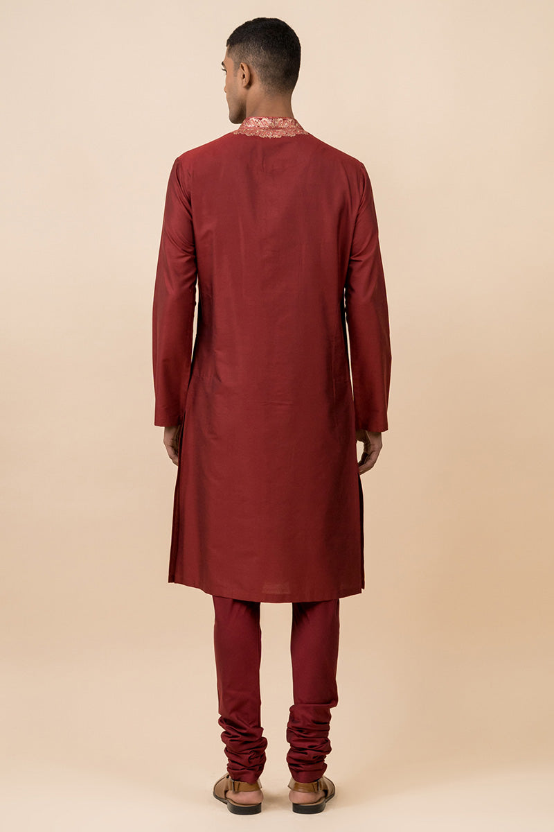 Maroon Kurta Set With Embroidery Around Placket