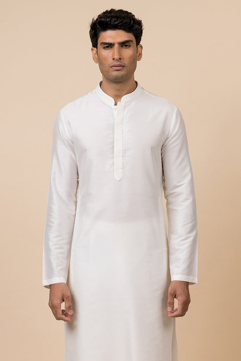 White Embroidered Collar And Placket Kurta Set