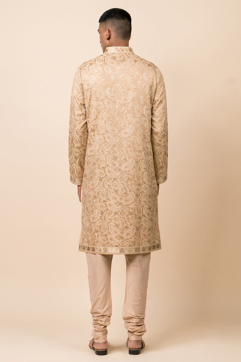 Beige Resham And Zari Embroidered Kurta Set