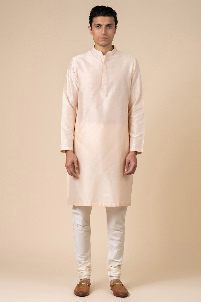 Peach Kurta Set With Finely Embroidered Collar And Placket