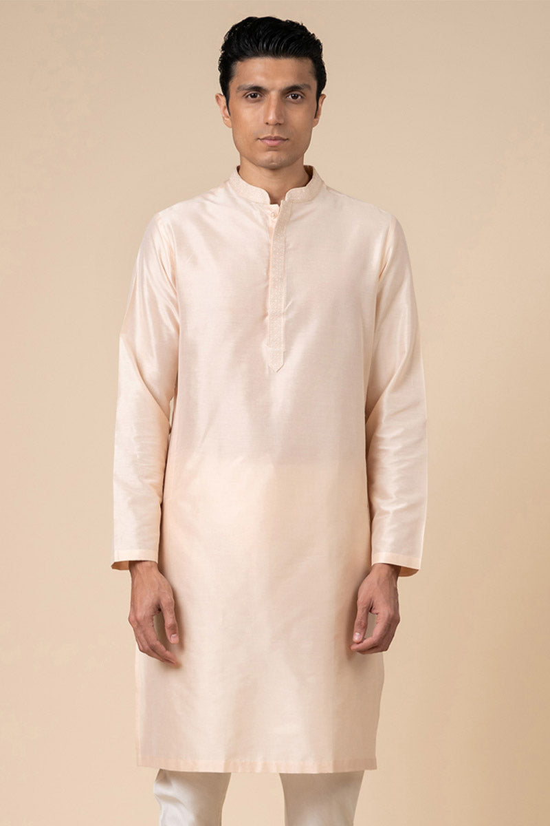 Peach Kurta Set With Finely Embroidered Collar And Placket