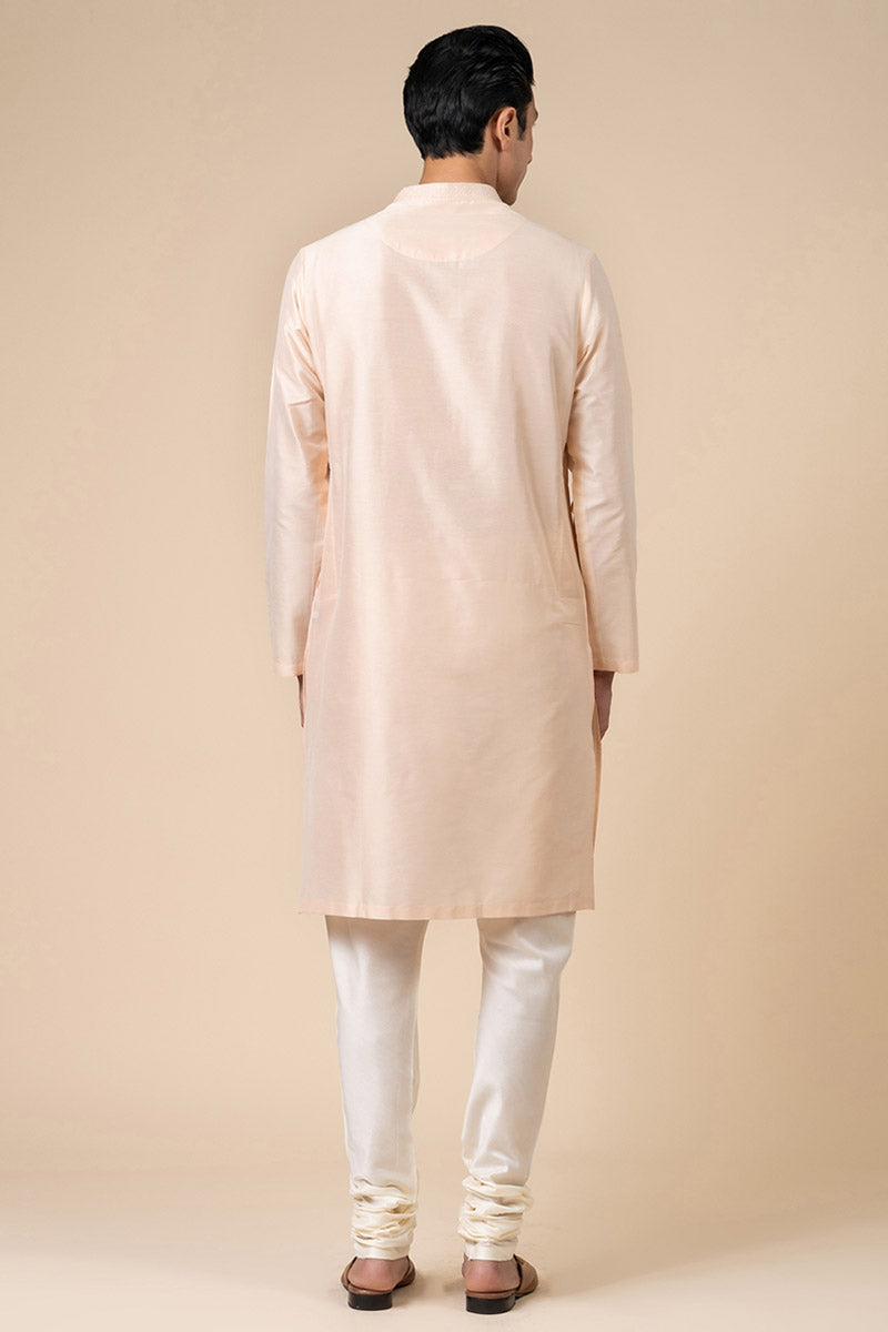 Peach Kurta Set With Finely Embroidered Collar And Placket