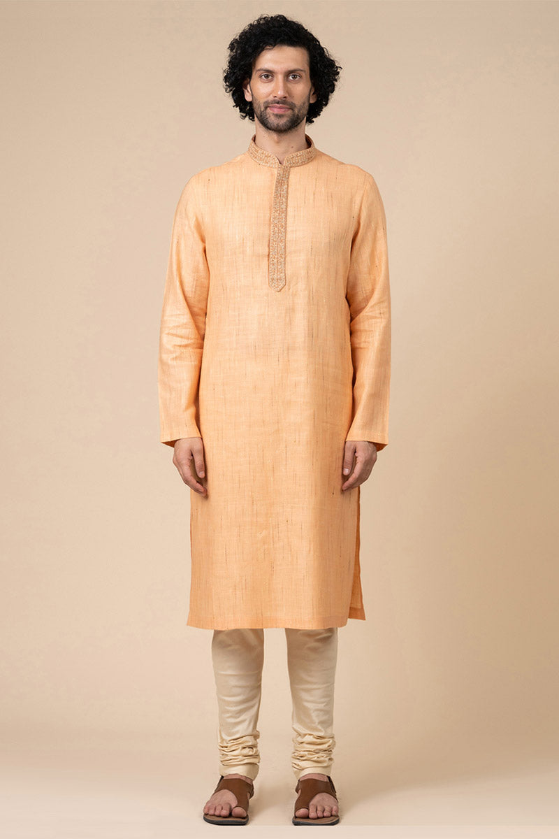 Peach Kurta Set With Tonal Collar and Placket