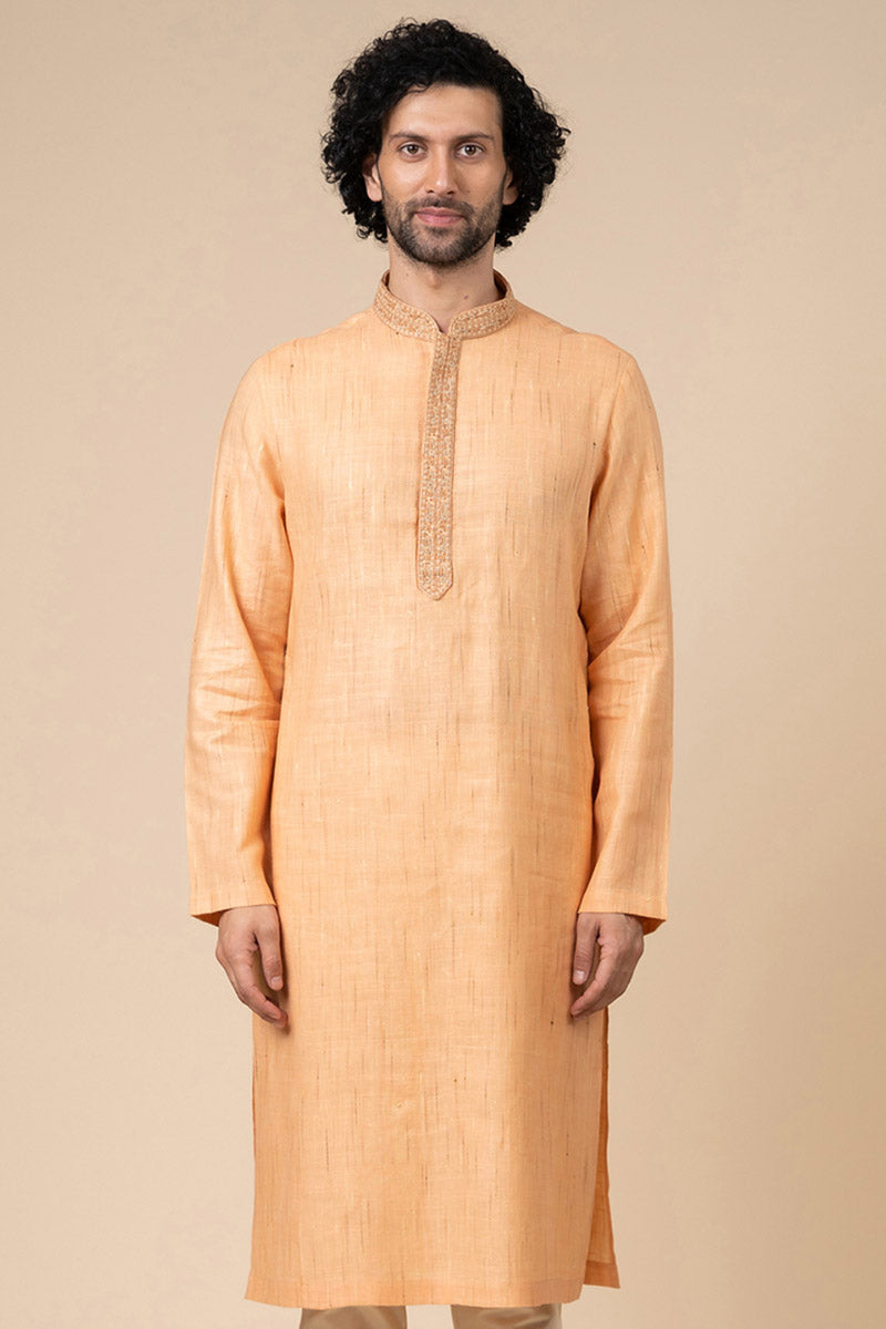 Peach Kurta Set With Tonal Collar and Placket