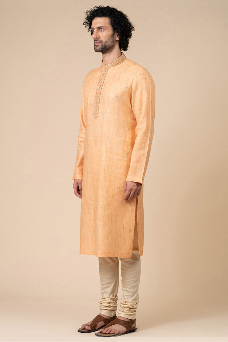 Peach Kurta Set With Tonal Collar and Placket