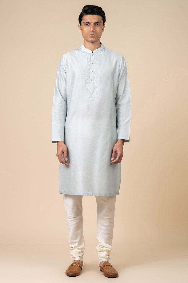 Light Blue Kurta Set With Embroidered Packet