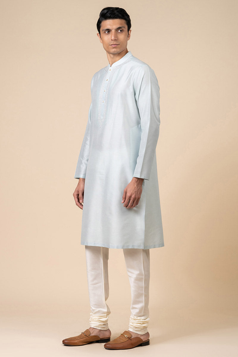 Light Blue Kurta Set With Embroidered Packet