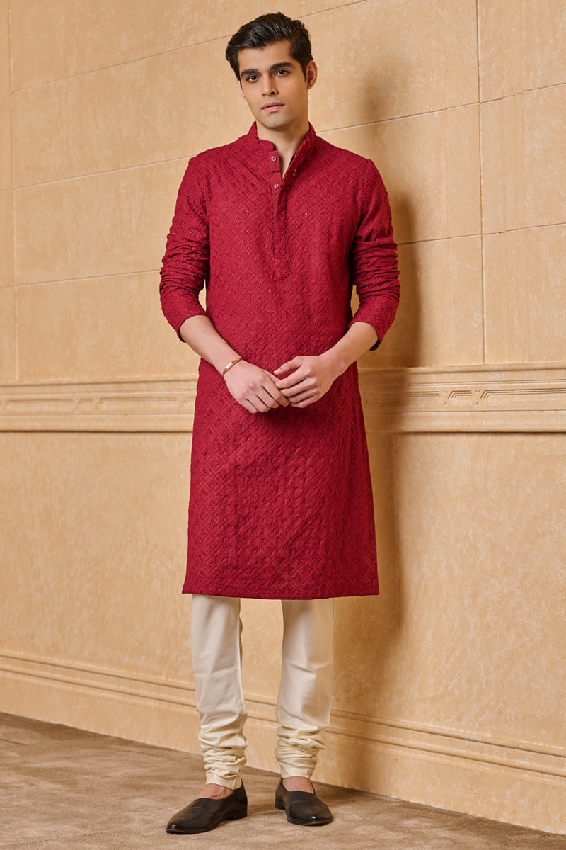 Maroon All Over Schiffli Embroidered Kurta Set