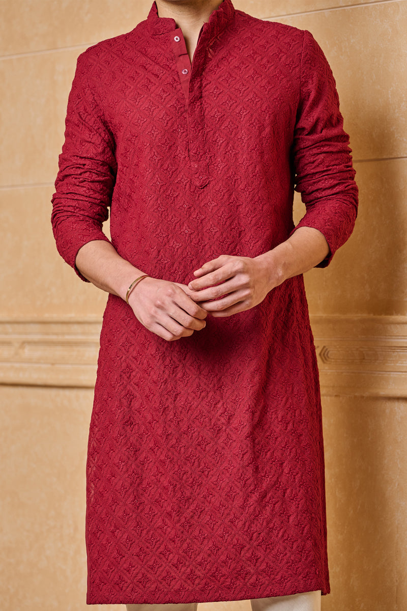 Maroon All Over Schiffli Embroidered Kurta Set