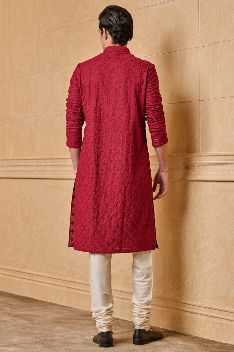 Maroon All Over Schiffli Embroidered Kurta Set