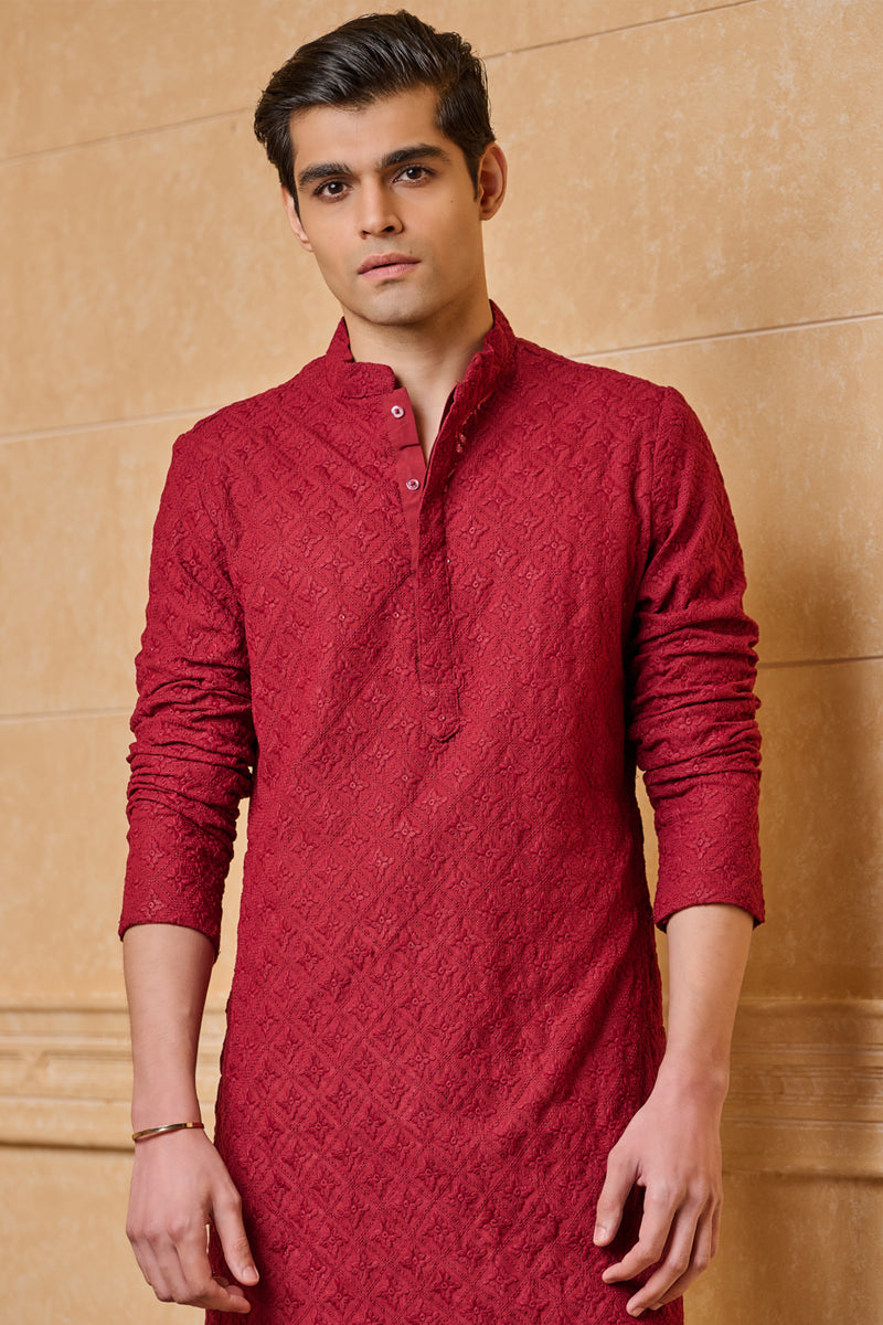 Maroon All Over Schiffli Embroidered Kurta Set