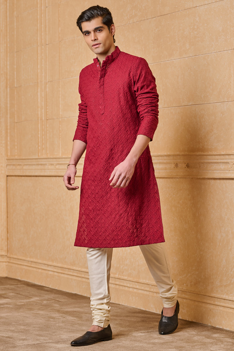 Maroon All Over Schiffli Embroidered Kurta Set