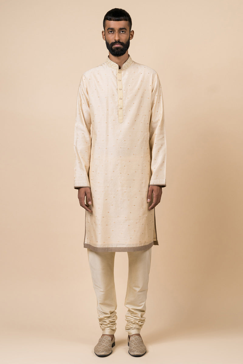 Gold Jacquard Kurta Set With Dori Embroidery