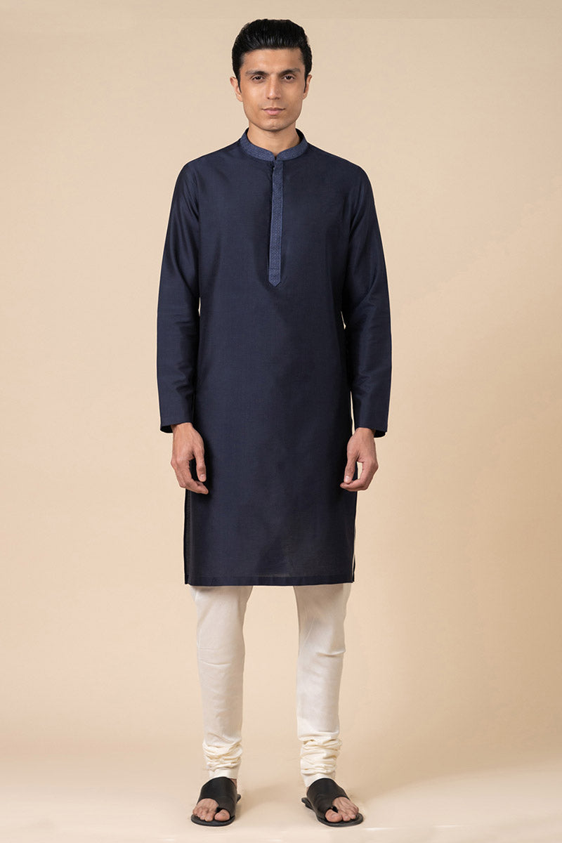 Navy Kurta Set With Finely Embroidered Collar And Placket