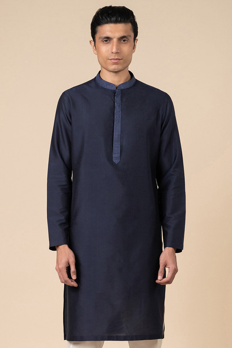 Navy Kurta Set With Finely Embroidered Collar And Placket