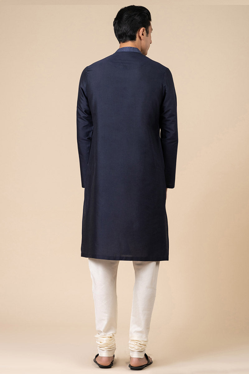 Navy Kurta Set With Finely Embroidered Collar And Placket