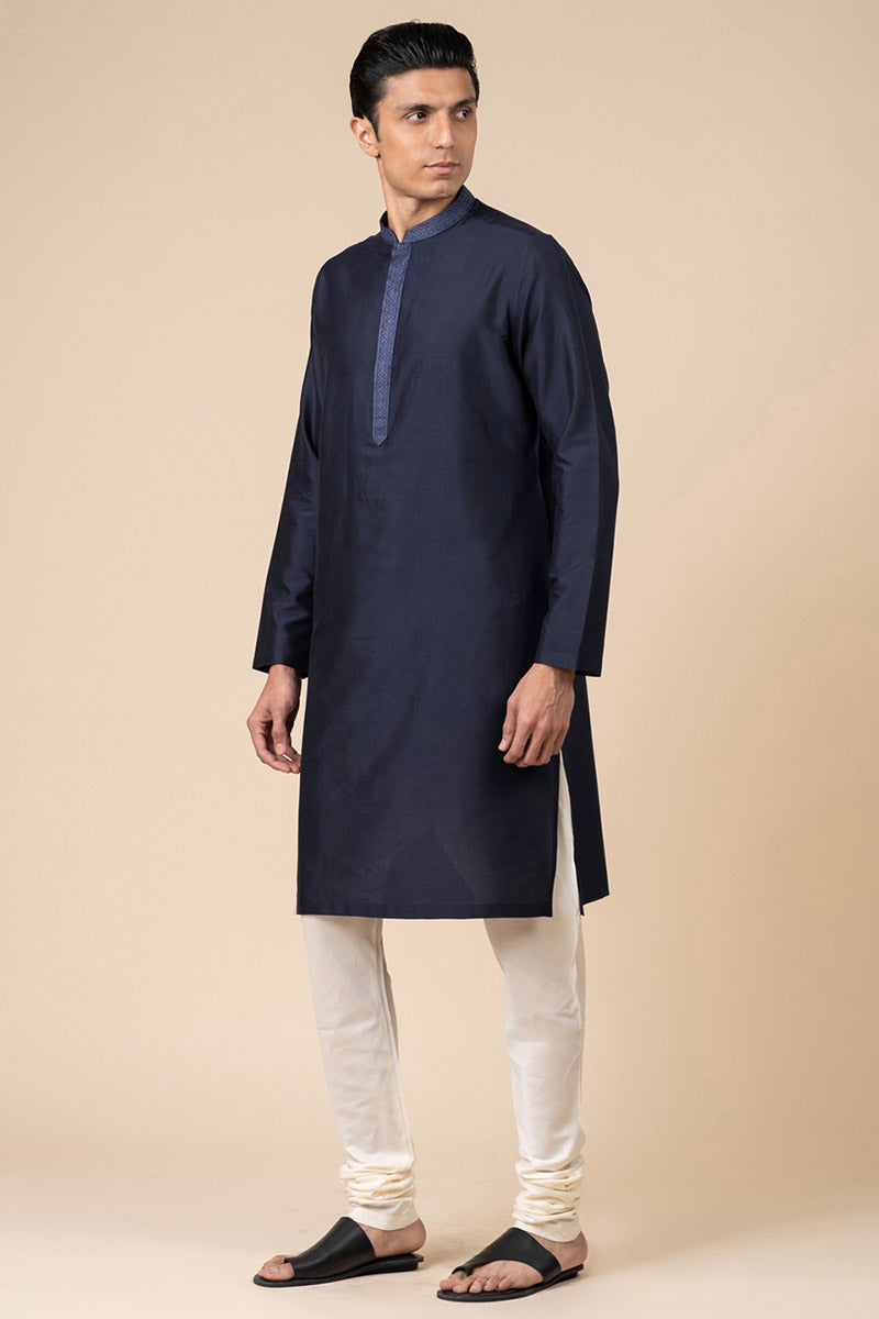 Navy Kurta Set With Finely Embroidered Collar And Placket