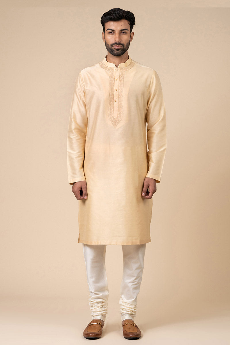 Beige Kurta Set With Embroidered Packet