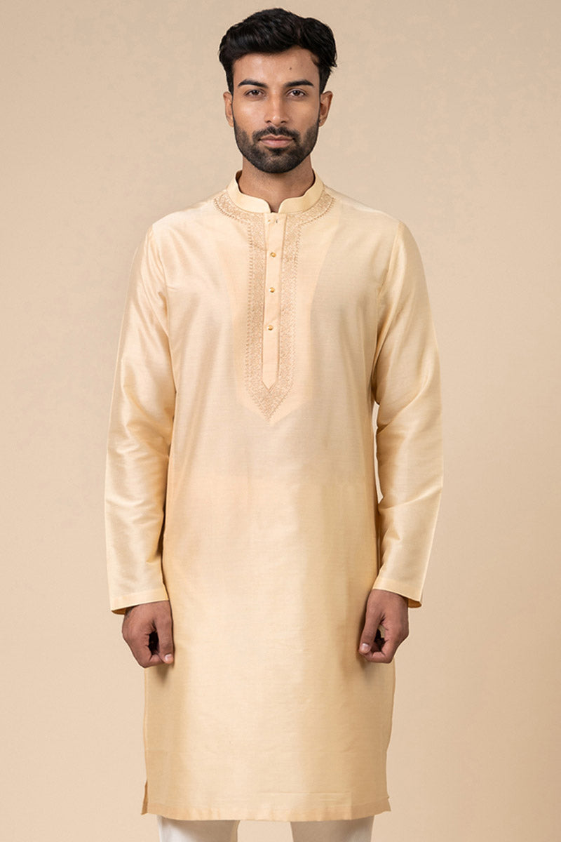 Beige Kurta Set With Embroidered Packet